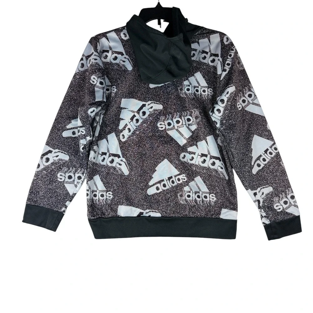Adidas Boys Large 14/16 Pullover Hoodie Black White All Over Logo Print Sporty
